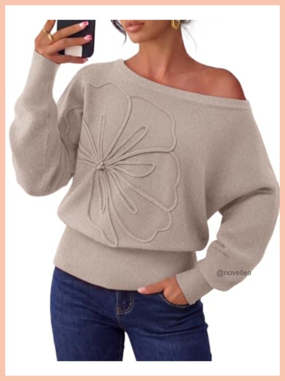 Women's 3D Floral Knit Pullover Sweater Crew Neck Long Sleeve